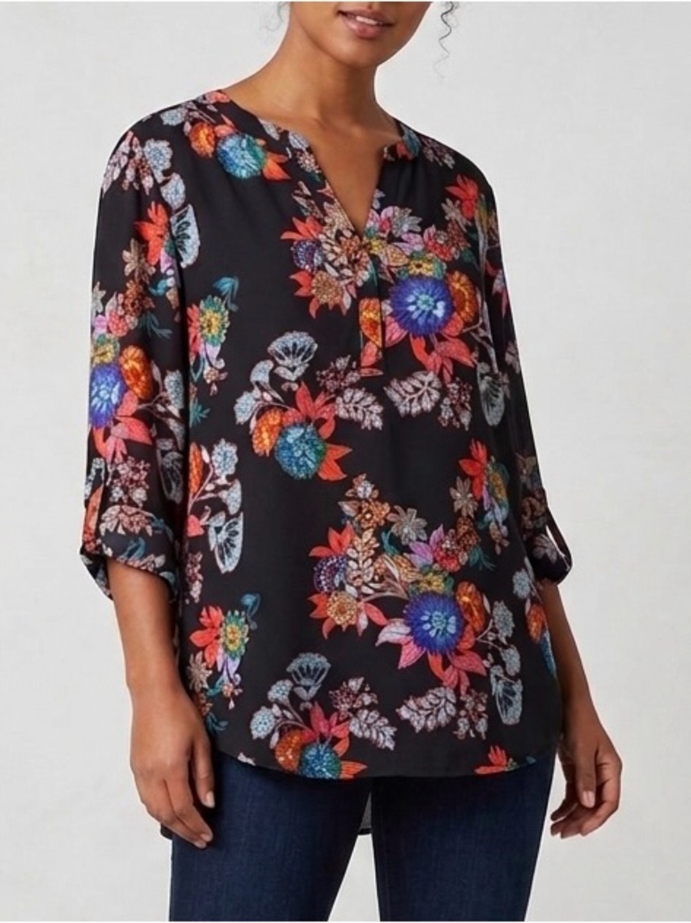 Gibson Latimer Floral Split-Neck Blouse - Black Multi